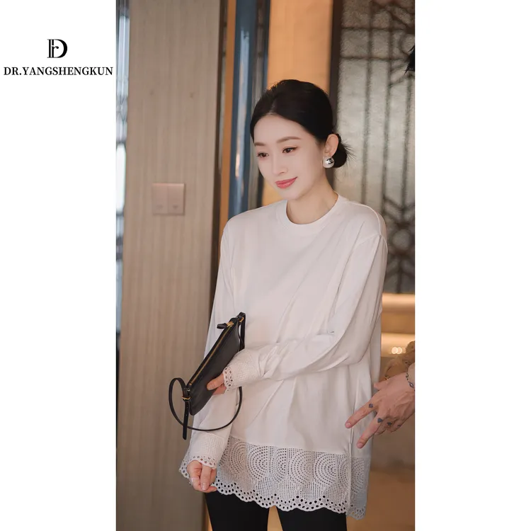 杨圣坤2025冬季新品宽松百搭蕾丝拼接下摆加绒长袖T恤ES2511203