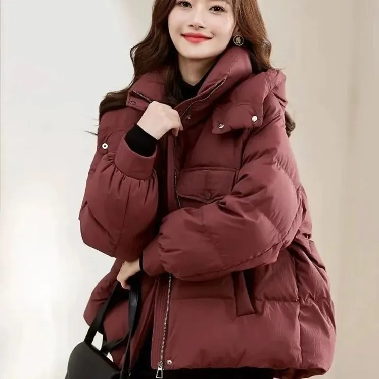 YAYA/鸭鸭2024韩版连帽短款棉服新款安可拉红冬季宽松棉衣立领加