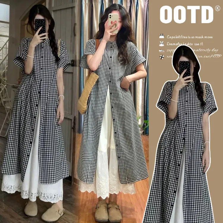 时髦孕妇套装夏季新款日系慵懒风格子衬衫连衣裙小个子叠穿两件套