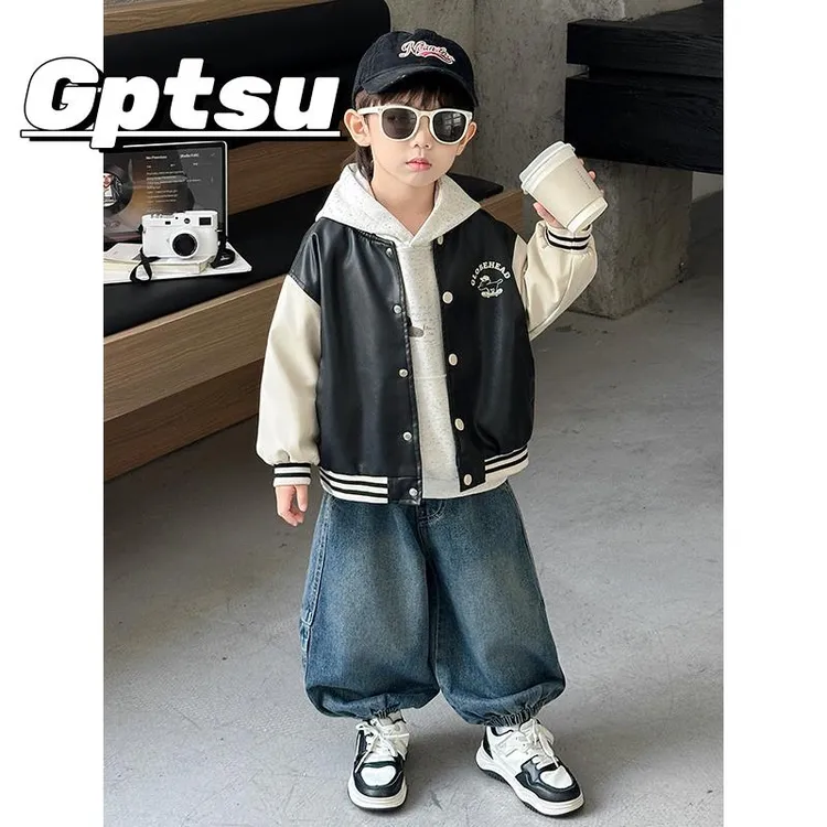 GPTSu男童秋季套装韩版儿童棒球服皮衣外套男孩宝宝三件套时尚