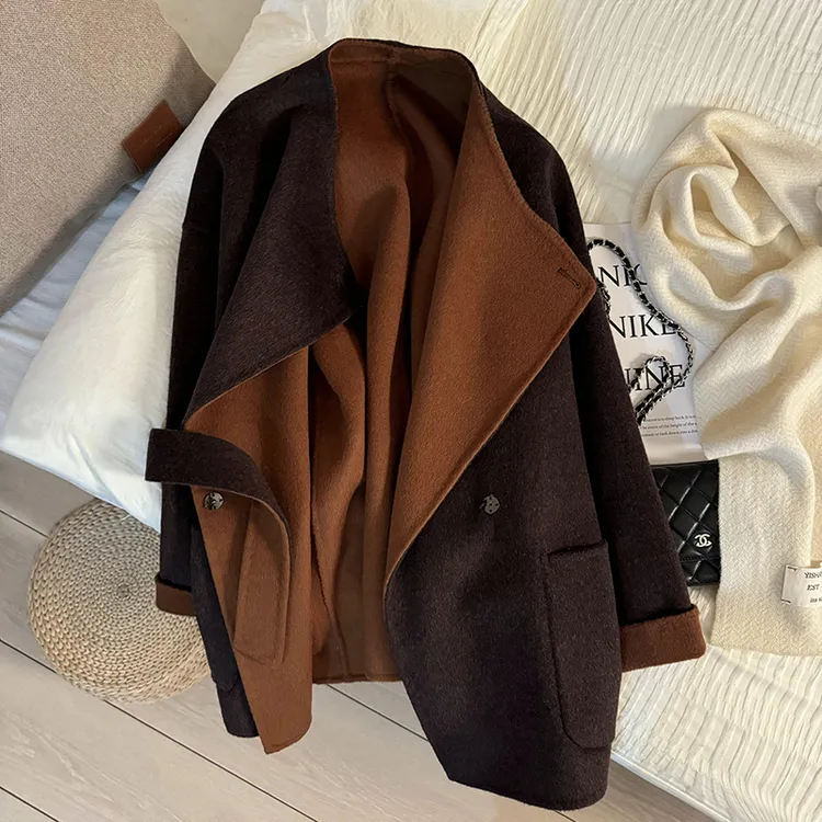 咖色洋气系带双面呢子外套女时尚秋冬新款慵懒撞色拼接羊毛呢大衣