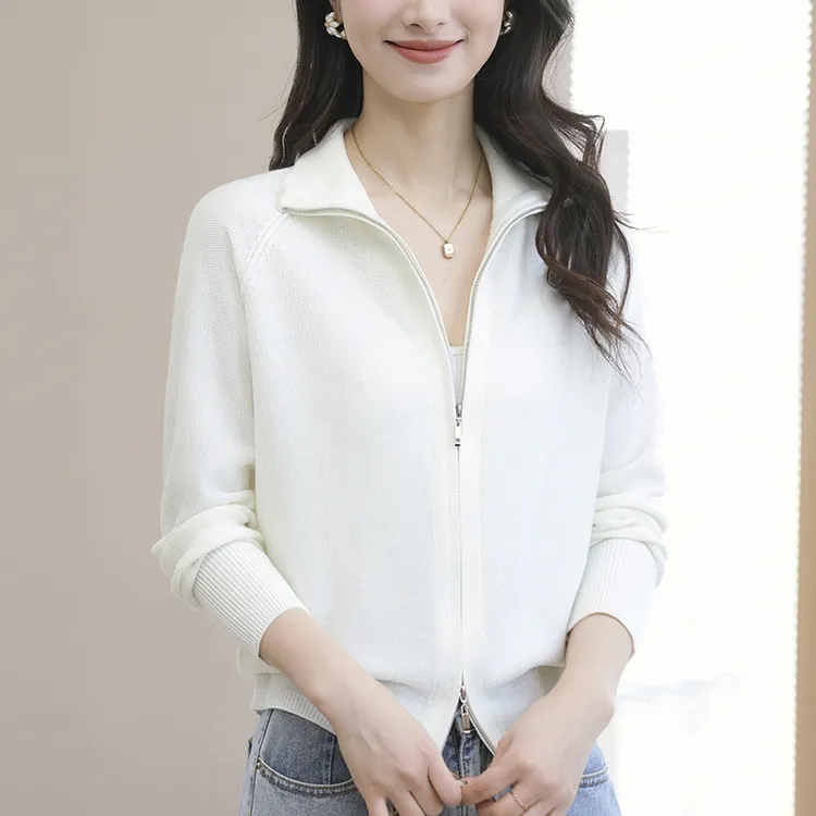 双拉链翻领外套休闲短款春季针织衫百搭薄款洋气妈妈开衫2025新款