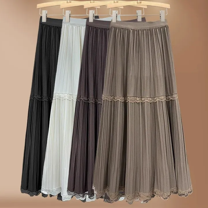 2025秋冬新款蕾丝拼接蛋糕裙纯色华夫格百褶长裙a字大裙摆裙子女