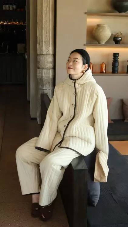 韩版纯色连帽夹棉睡衣女秋冬款加绒保暖休闲情侣家居服套装可外穿