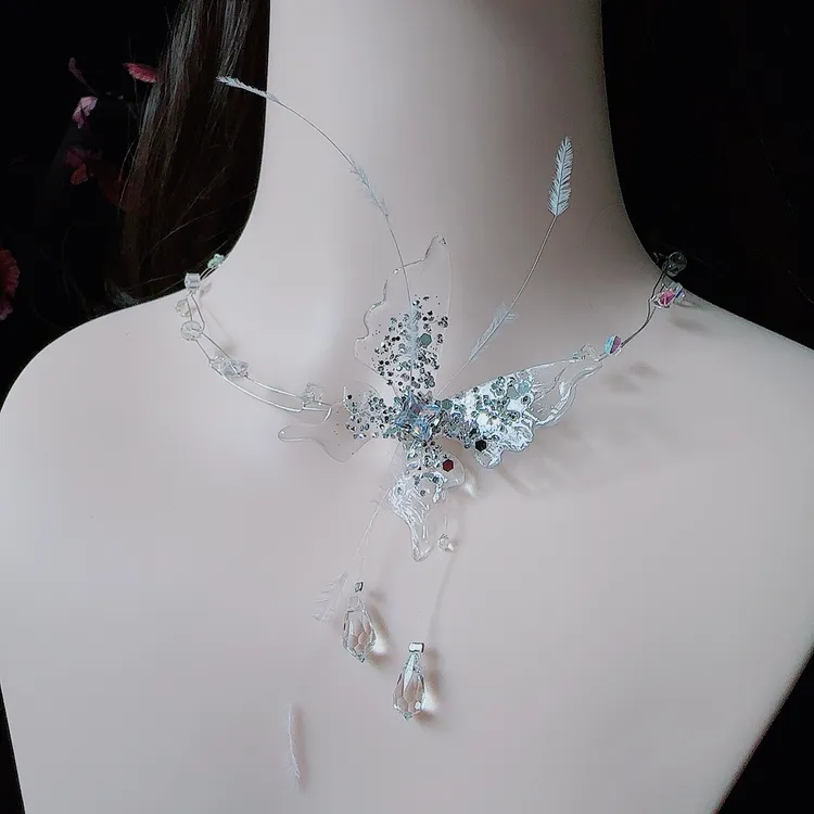 合金婚庆饰品 婚庆饰品10291新款轻奢蝴蝶羽毛项链