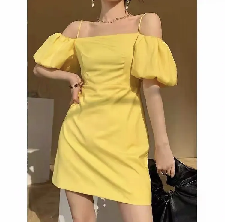法式一字领露肩灯笼袖修身吊带连衣裙小个子夏季新款
