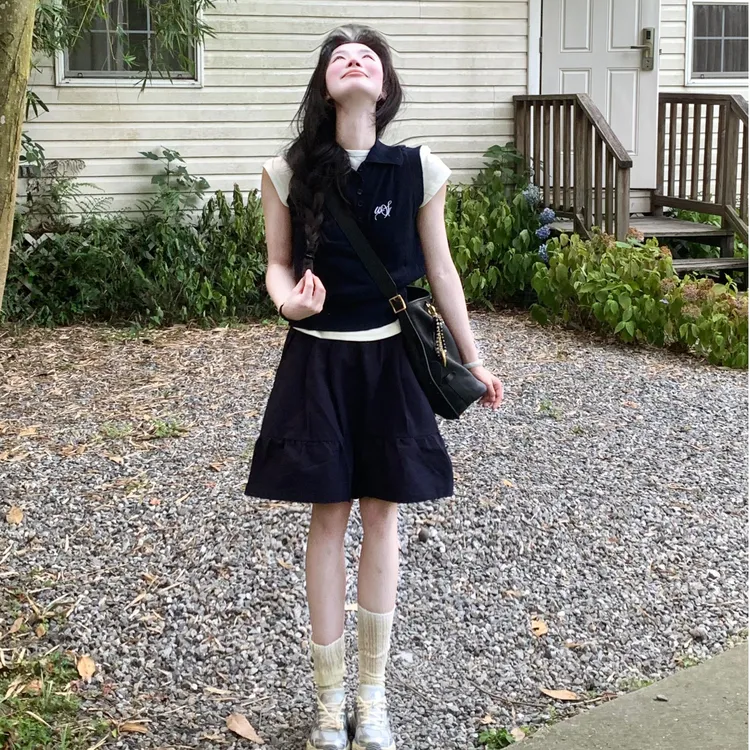 学院风穿搭套装假两件短袖上衣半身裙子高街女夏季显瘦时髦两件套