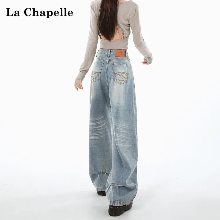 【拉夏贝尔】美式高街设计刺绣复古牛仔裤女秋季宽松高腰直筒阔腿裤