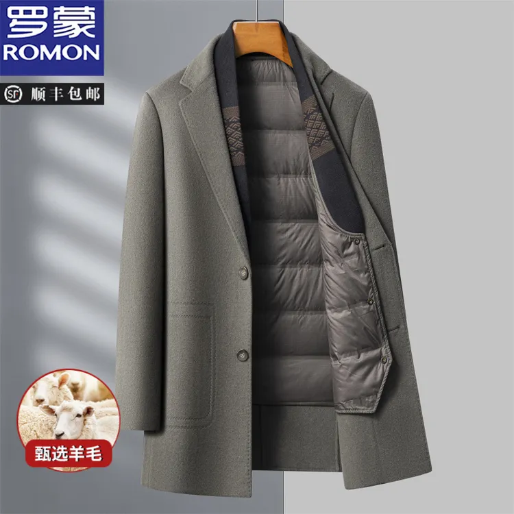 罗蒙冬季保暖羊毛呢子大衣商务中长款可拆卸羽绒保暖男士毛呢外套