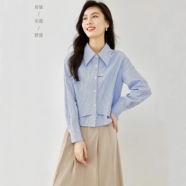 法式设计感小众polo领纯棉假两件拼接衬衫女春秋新款条纹衬衣打底