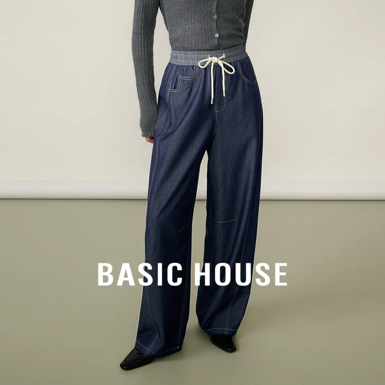 Basic House/百家好春季新款拼接腰头梭织丹宁长裤女-B06245I4272