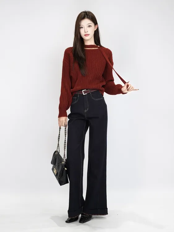 【NEW】优雅气质修身显瘦长袖中版圆领毛衣+时尚高腰阔腿牛仔裤套装