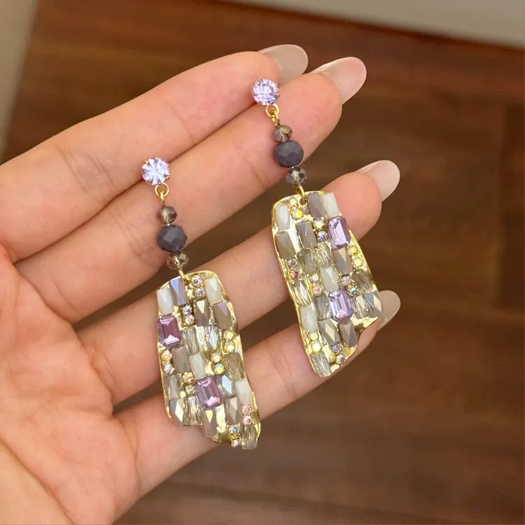 铜合金合成锆石耳饰 E0190 东大门手工定制高级紫色女神耳环