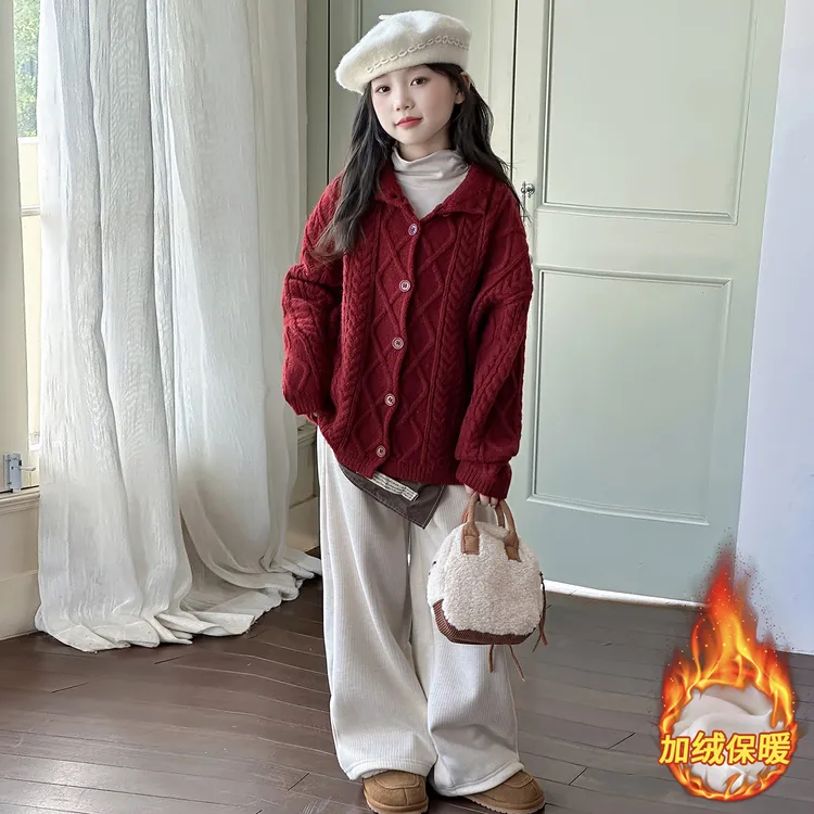 女童毛衣套装秋冬款2025新款儿童超好看针织衫加绒休闲裤两件套潮