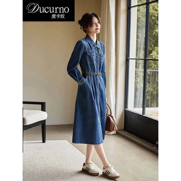 度卡奴牛仔连衣裙女2025秋季新款工装风复古通勤高腰显瘦A字裙子