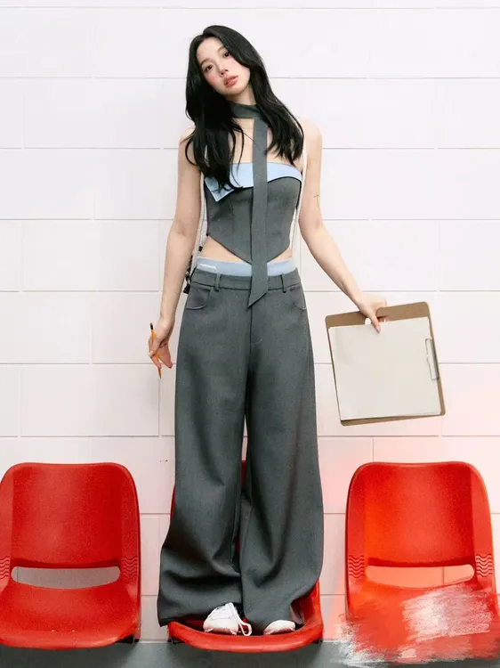 ME ORlGlNAL设计感撞色翻边抹胸搭配双腰头阔腿休闲西裤