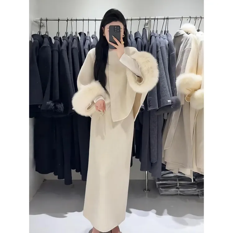 高级感时尚套装女2025秋季新款洋气显瘦毛毛外套高腰半身裙两件套