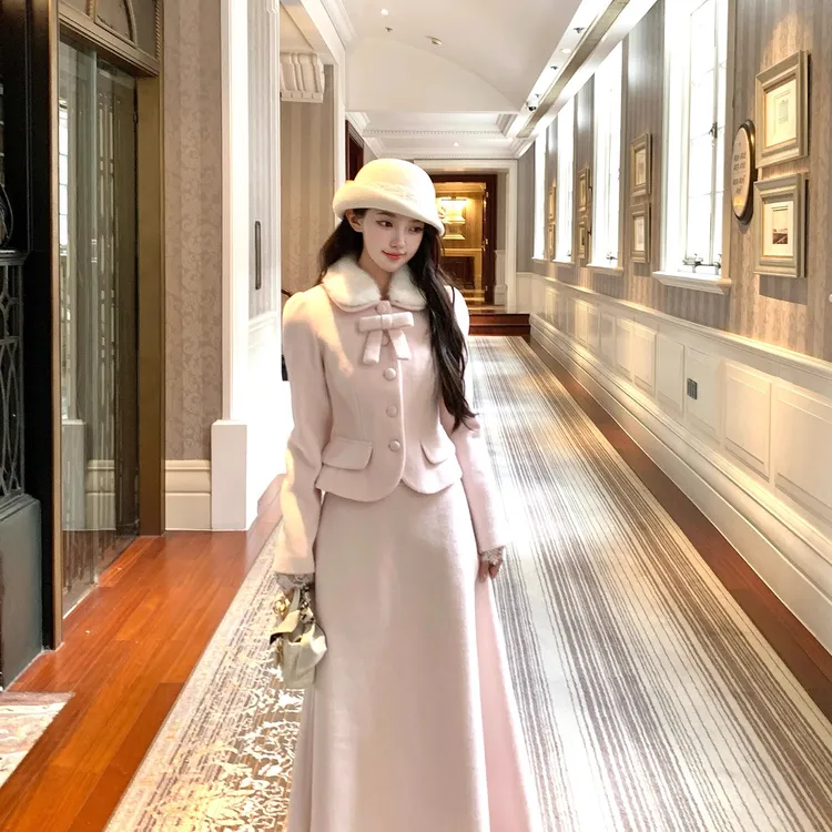 2025新款高级感富家千金小香风姐系贵气感粉色毛呢套装裙女秋冬季