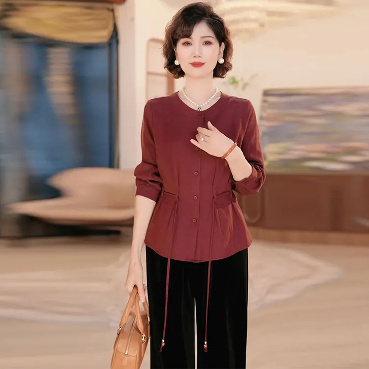 罗蒙妈妈装衬衫套装女秋新款时尚洋气中老年女装上衣服两件套小衫