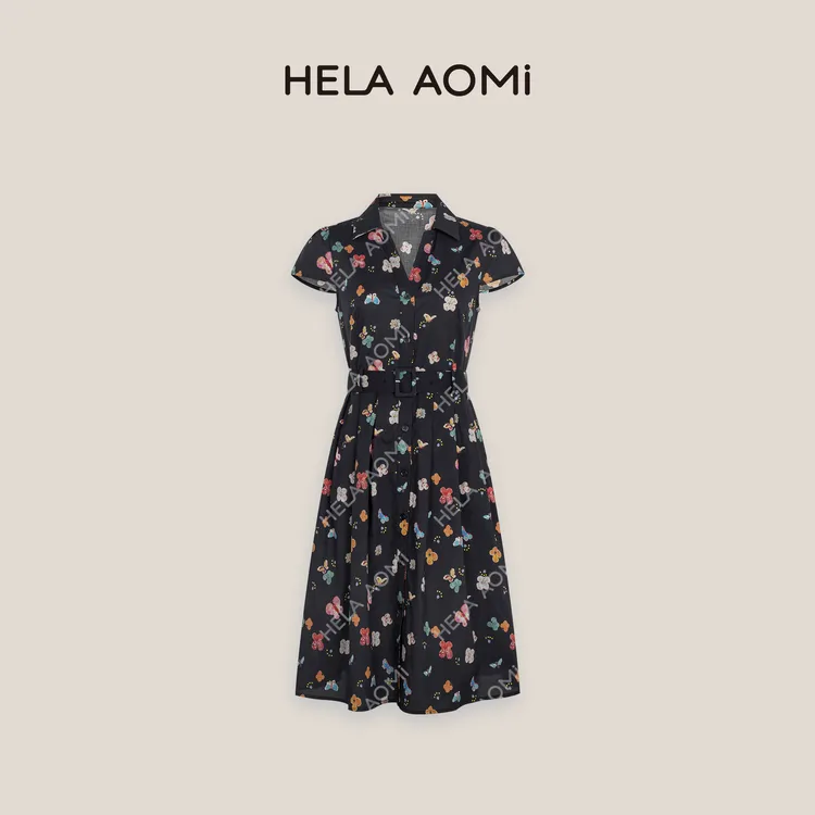 HELA AOMI“千蝶赴卉”棉100%蝴蝶碎花中长款掐腰连衣裙CY5BC72490