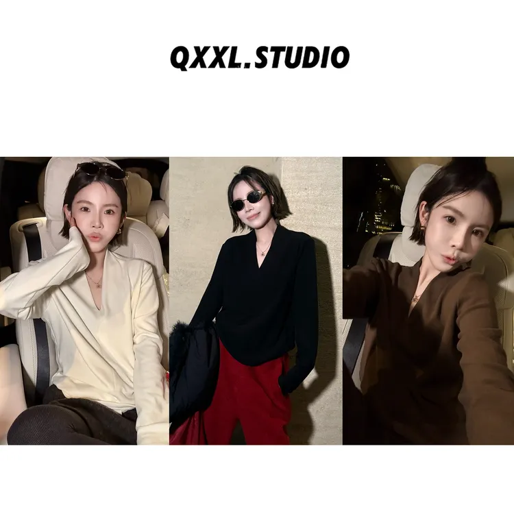 邱小小丽呀 冬季新款纯色V领德绒打底衫女百搭设计款内搭T恤上衣