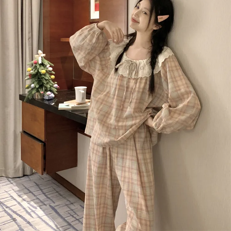 圆领纯棉睡衣女100%全棉春秋季套装甜美长袖长裤宽松可外穿家居服