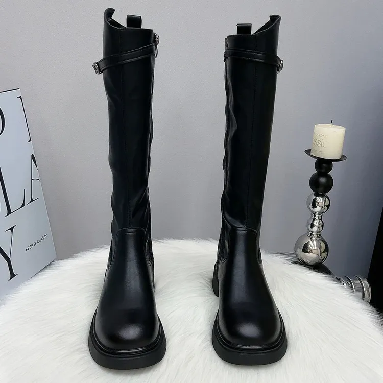 平底不过膝长靴秋冬2025加绒显瘦百搭中跟骑士靴时装女靴英伦风