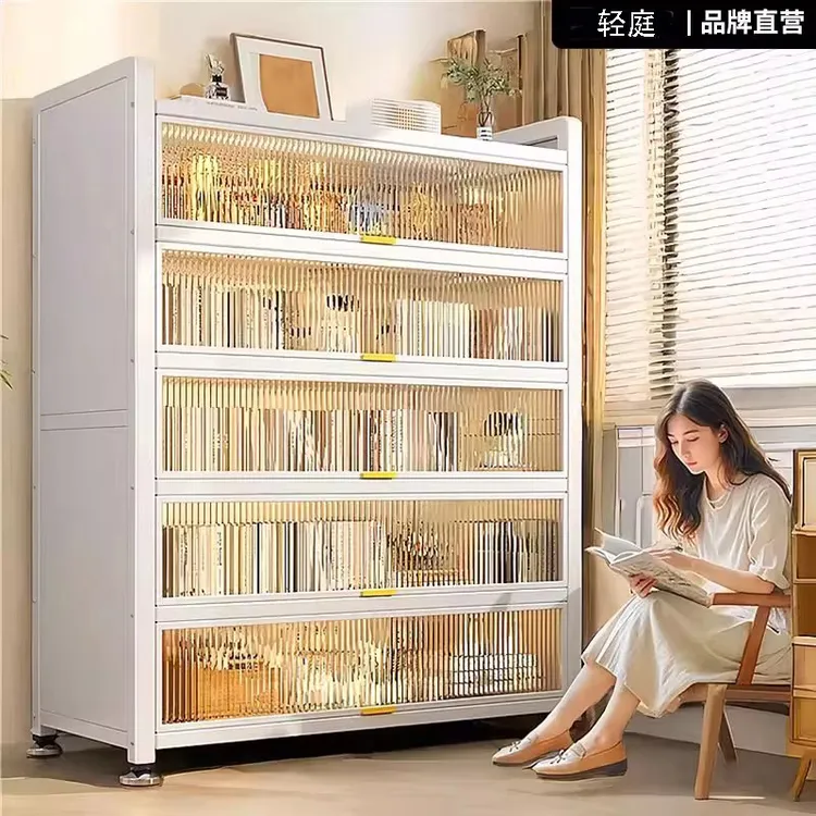 书架钢制书柜子儿童一体靠墙客厅家用落地收纳储物柜防尘铁置物架