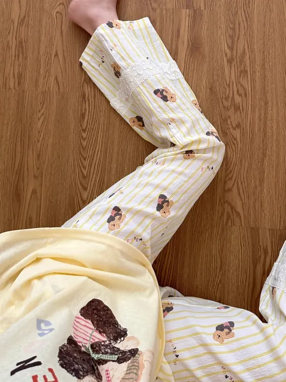 甜美风少女卡通奶黄小狗短袖睡衣女夏季2025新款长裤套装家居服夏