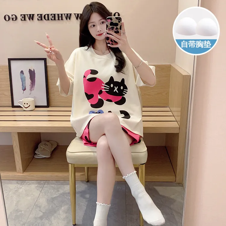 卡通睡衣女款夏季带胸垫短袖短裤家居服少女甜美可爱夏天宽松套装