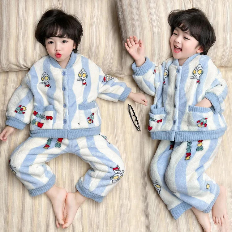男童睡衣套装新款冬季珊瑚绒双层加厚开衫保暖法兰绒卡通家居服款