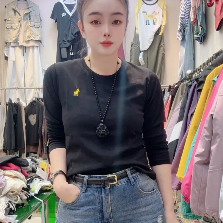 罗纹棉长袖小马刺绣新款上衣圆领正肩弹力显瘦百搭减龄休闲风女t