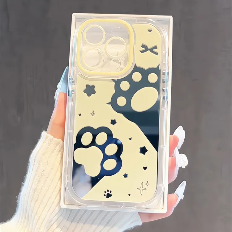 适用苹果iPhone16手机壳奶黄色底可爱猫爪奶油镜面mate60华为小众