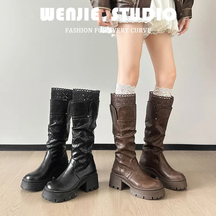 8cm复古蕾丝褶皱长筒靴2025新款秋冬长靴复古显瘦厚底骑士靴