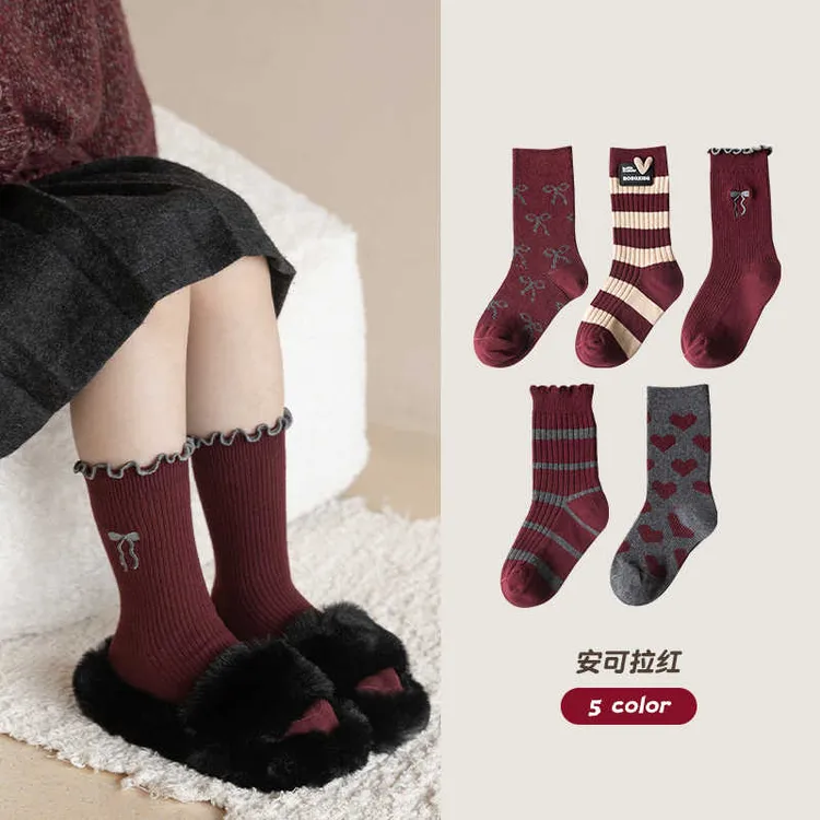 【大米小米】A类女童秋冬棉袜子儿童学生安可拉红秋冬加厚百搭ins