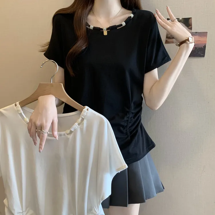 正肩短袖打底t恤女夏季2025新款大码胖mm显瘦遮肚设计感串珠上衣