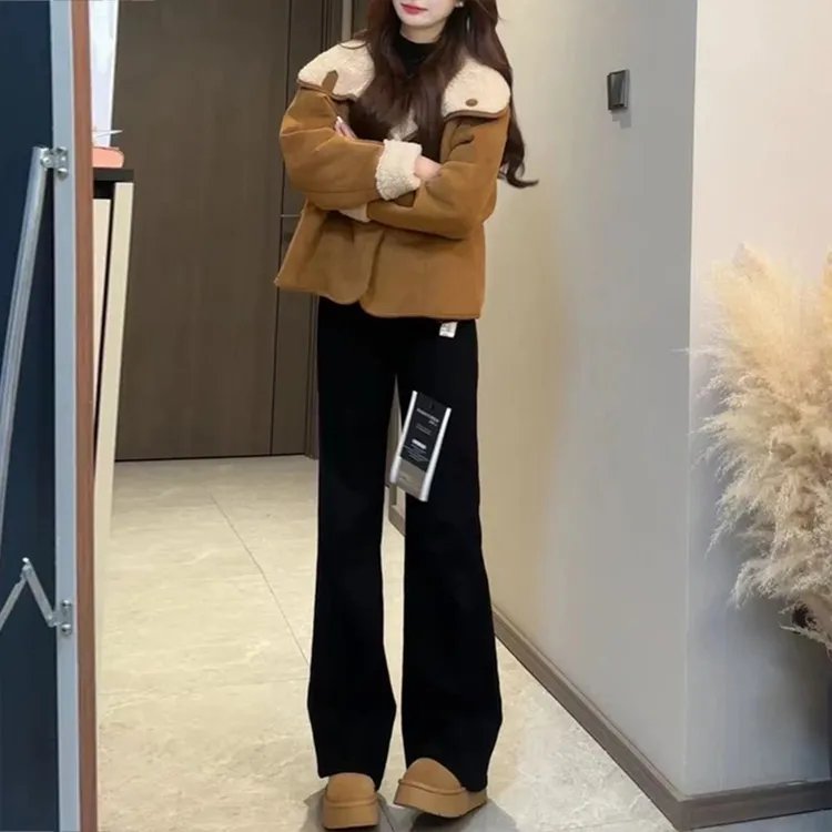 双面穿皮毛一体短款外套女冬季老钱风复古加厚保暖大翻领毛毛上衣