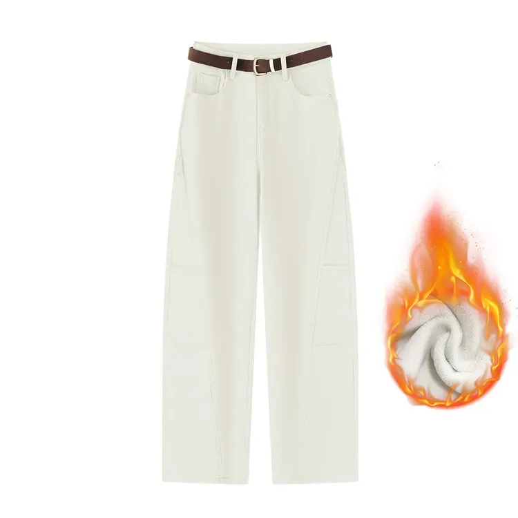 拉夏贝尔加绒弯刀牛仔裤女冬季2025白色保暖宽松休闲裤高腰工装裤