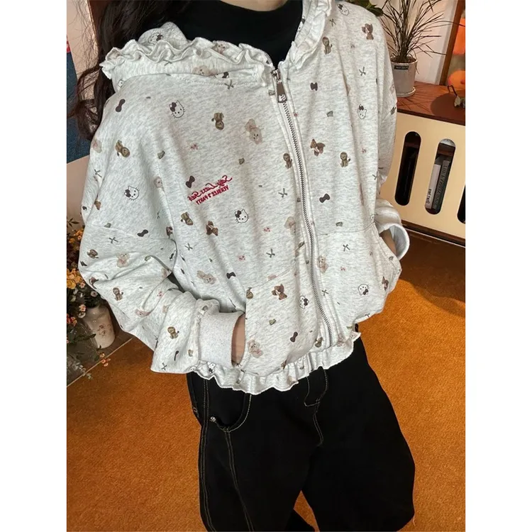 【ZHAP】蕾丝花边褶邹美式设计感新款连帽外套女高街宽松显瘦chic爆