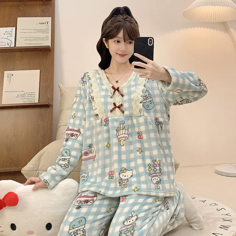 【PIC】冬季大码睡衣女新款法兰绒加厚格子kitty猫甜美风家居服套装