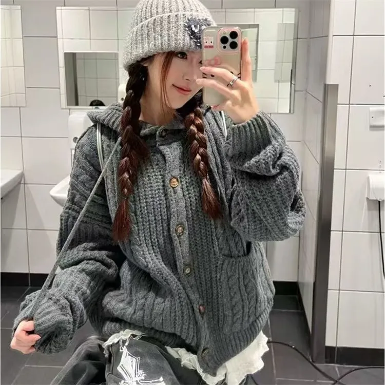 美式复古麻花连帽毛衣开衫女2025秋冬慵懒风百搭针织上衣外套ins