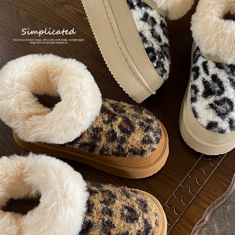 豹纹厚底棉鞋女冬季御寒保暖毛绒包跟棉拖鞋外穿女士冬天室外时尚