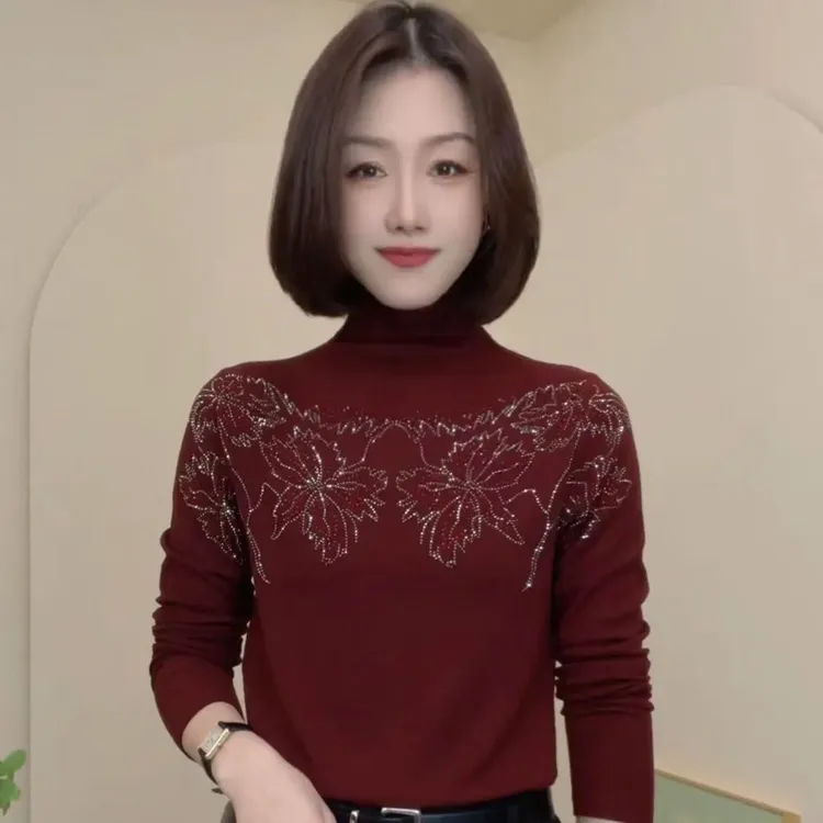 冬季新款女士上衣烫钻镂空时尚洋气百搭修身显瘦长袖简约打底小衫