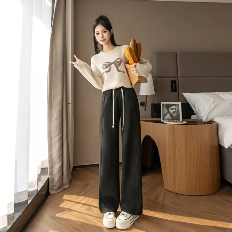 秋冬加绒加厚休闲裤子女宽松遮肉显瘦时尚百搭直筒垂感拖地阔腿裤