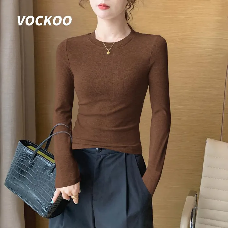 VOCKOO灰色长袖打底衫女秋冬季洋气内搭可外穿2025新款修身螺纹T