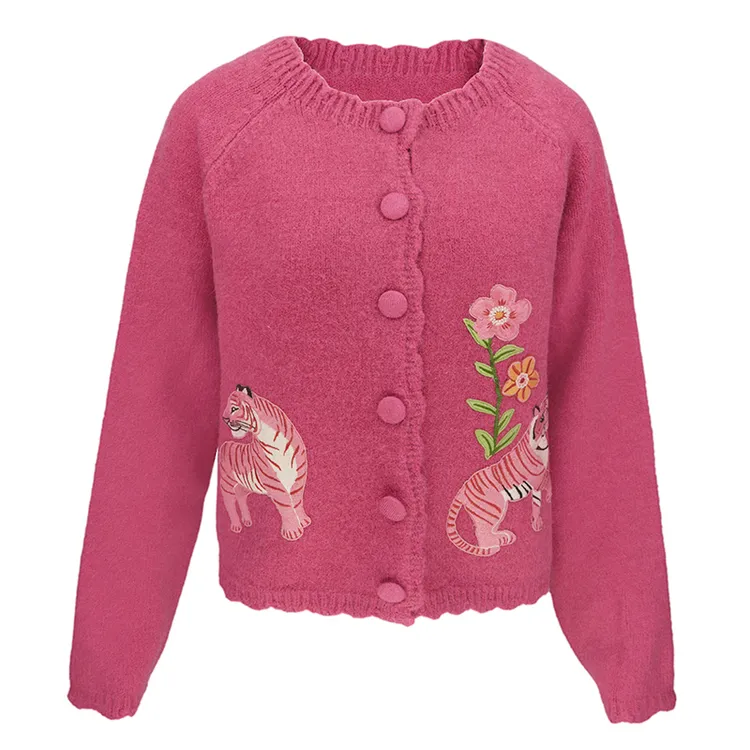 JUNGLE ME秋冬甜美减龄女毛衣开衫长袖百搭复古老虎刺绣上衣