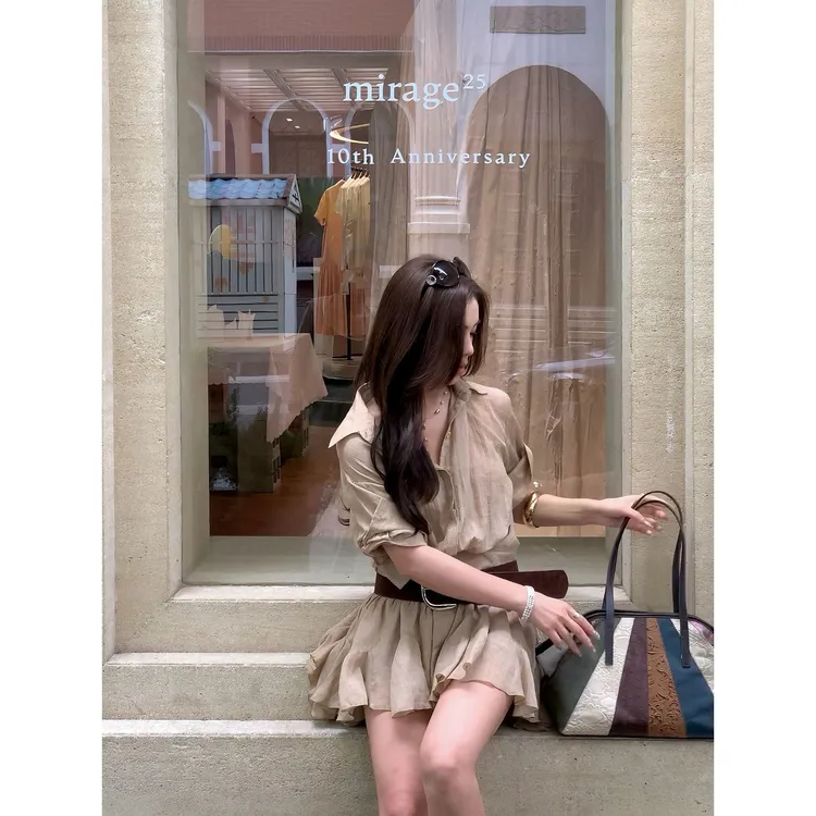 【椰影白沙】赠打底裤+腰带夏季新款女衬衫连衣裙衬衫百褶法式套装