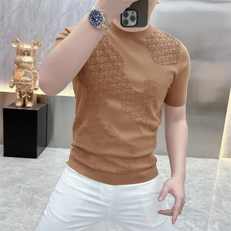 2025欧货轻奢男士针织冰丝短袖T恤纯色时尚百搭夏季半袖上衣25219