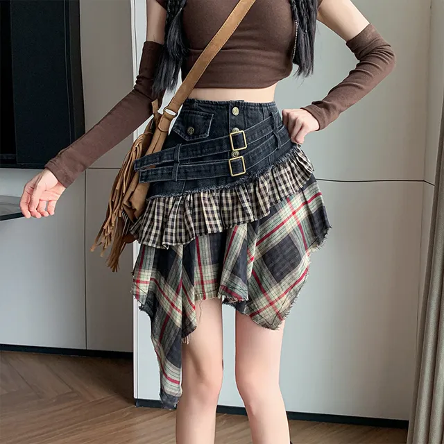 不规则牛仔拼接半身裙女早秋新款高腰显瘦A字裙辣妹休闲格子短裙