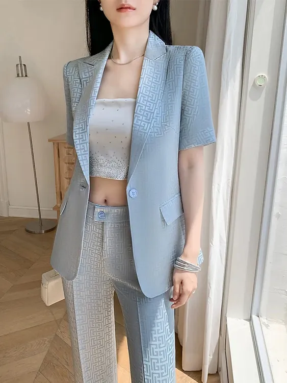 0673醋酸面料西服套装女夏季薄款短袖御姐职业两件套